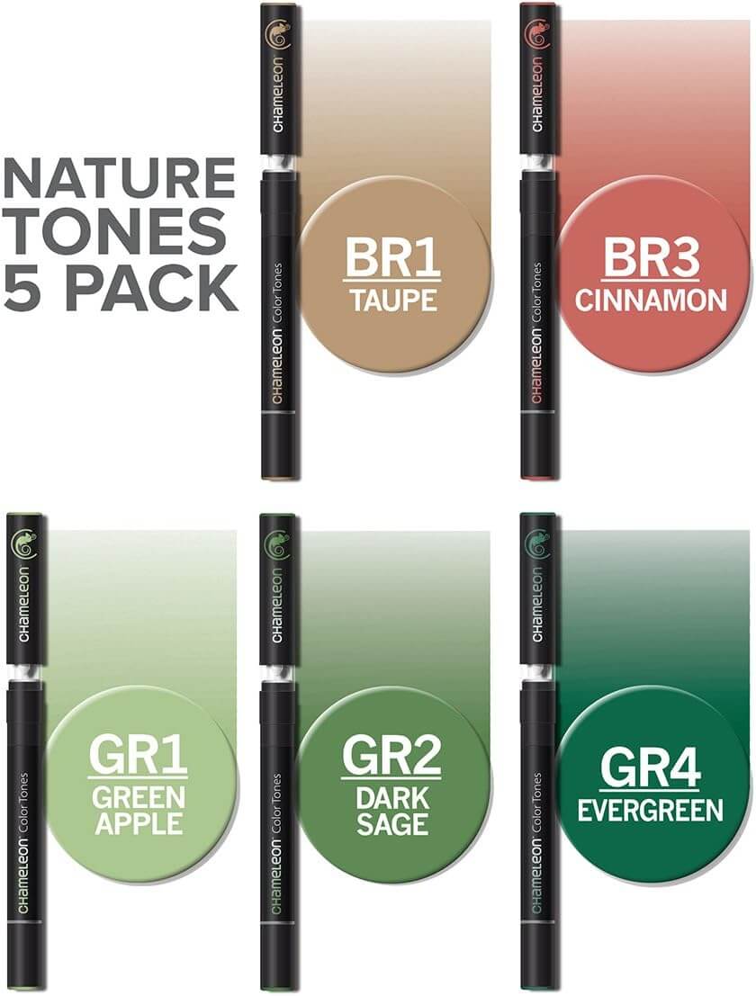 Tabella colori set Chameleon Nature Tones con codici BR1 BR3 GR1 GR2 GR4 e relative sfumature graduate