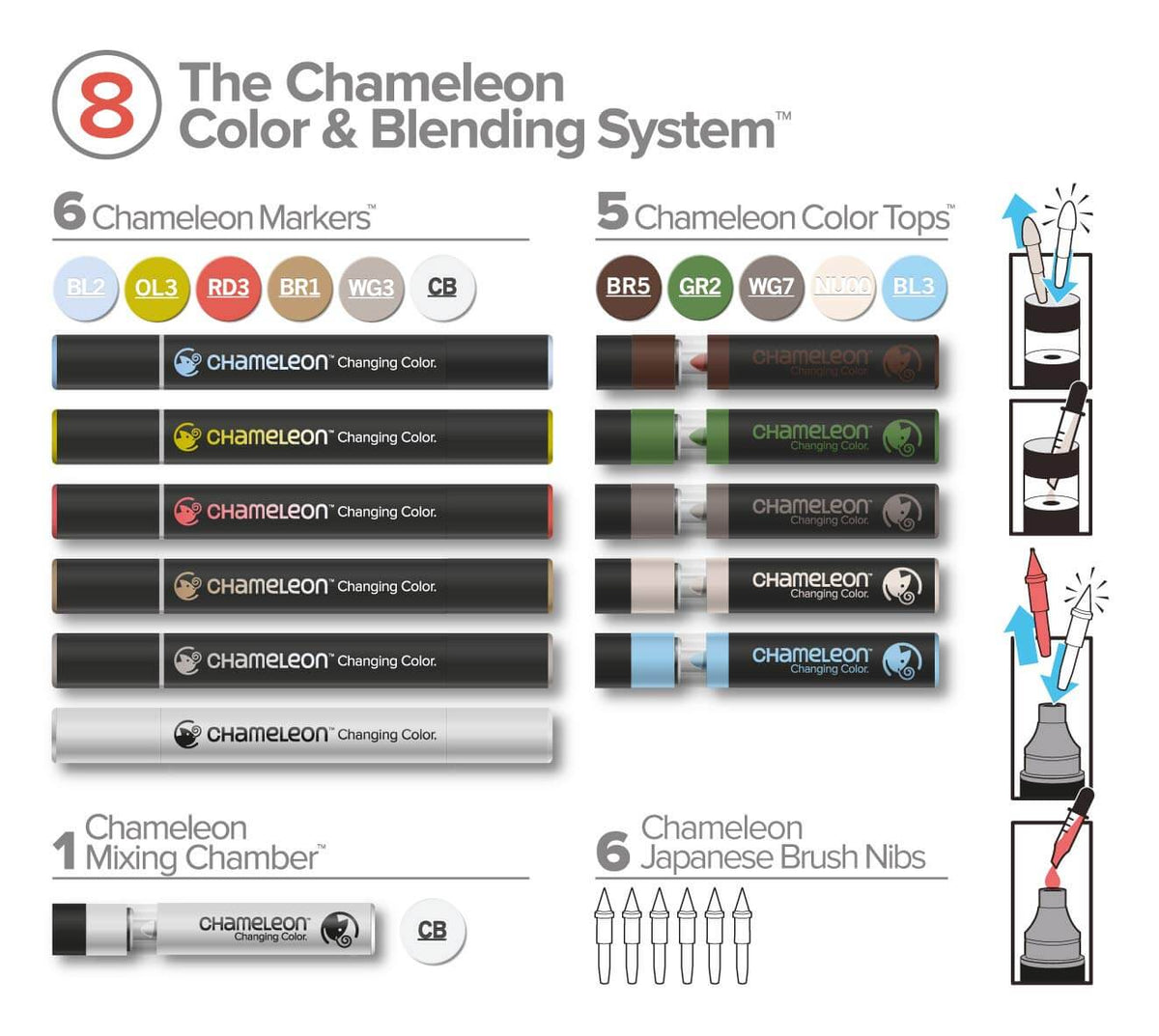 Contenuto Chameleon Color System Set 8 con 6 marker ad alcool, 5 color tops e 6 punte a pennello giapponesi.