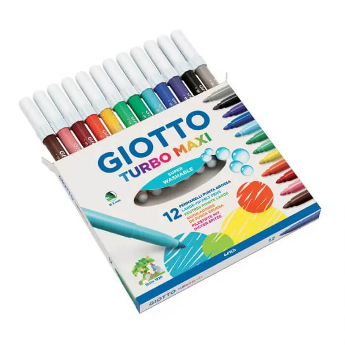 Astuccio aperto di 12 pennarelli grandi Giotto Turbo Maxi che mostra i corpi colorati e i cappucci bianchi