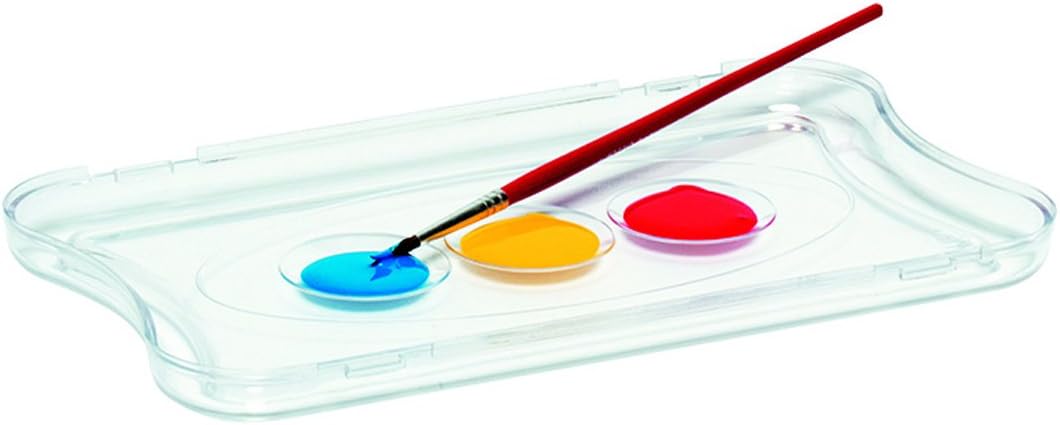 Coperchio trasparente Giotto usato come tavolozza con tre gocce di tempera colorata e un pennello