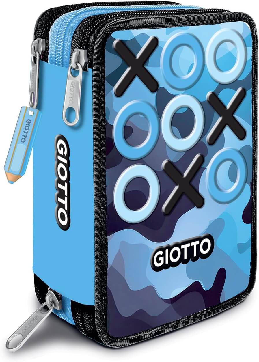 Astuccio tre zip Giotto Tris Camouflage Grey con grafica mimetica azzurra e grigia e dettagli neri
