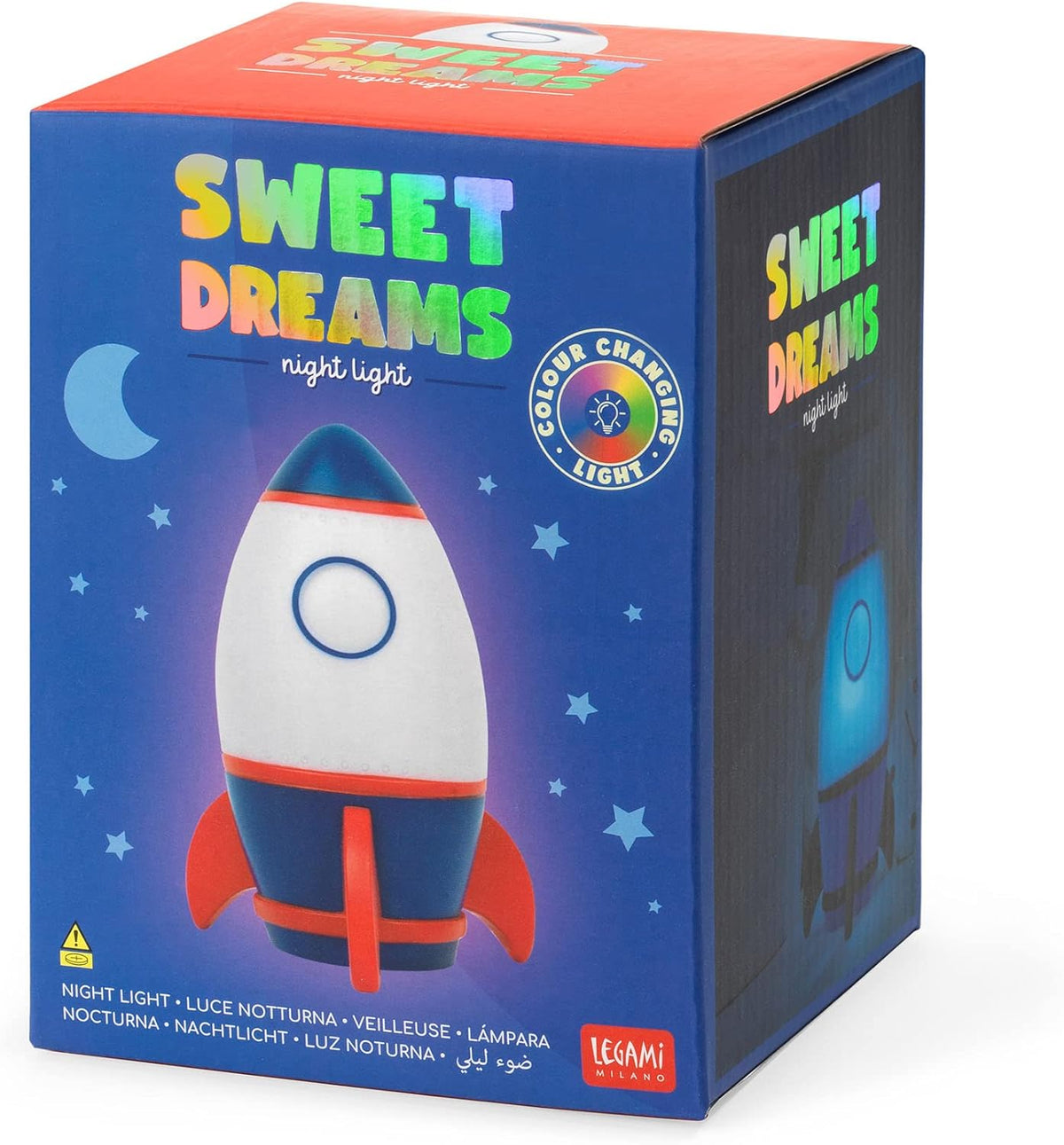 Scatola blu della lampada da comodino per bambini Legami Sweet Dreams con scritte olografiche e tema spaziale