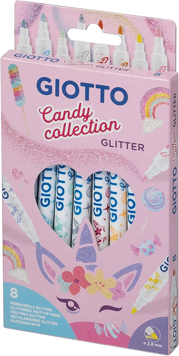 Vista ad angolo della confezione di pennarelli colorati con inchiostro glitter Giotto Candy Collection