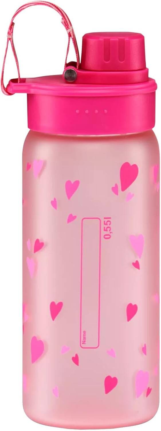 Retro della borraccia ergobag rosa da 0,55 litri con etichetta prestampata per scrivere il nome