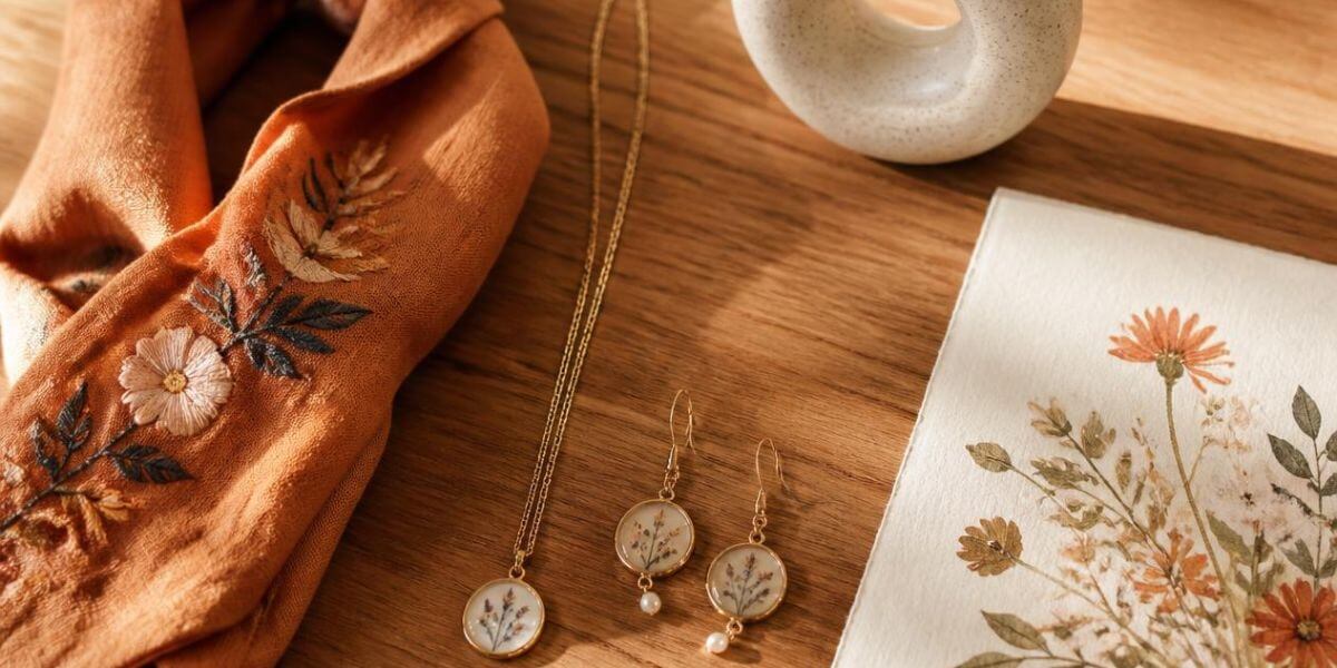 Composizione flat lay con creazioni artigianali fatte a mano: bigiotteria, accessori d'abbigliamento, oggetti decorativi e un'illustrazione su tavolo in legno