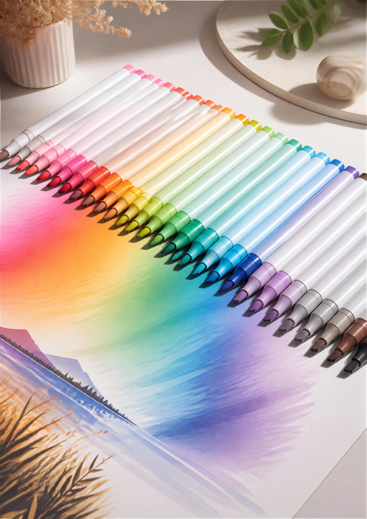 Selezione di pennarelli e marker professionali ad alcool per disegno e manga su un tavolo da lavoro.