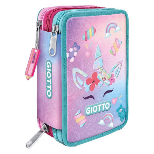 Astuccio tre zip Giotto Catty Candy Unicorn viola e acquamarina con fiori, caramelle e tiretto a forma di matita