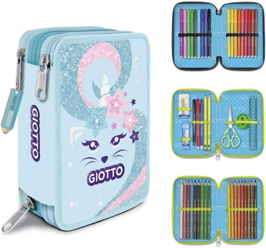 Vista completa astuccio tre zip Giotto Catty Candy Unicorn con scomparti aperti di pennarelli, matite e cancelleria