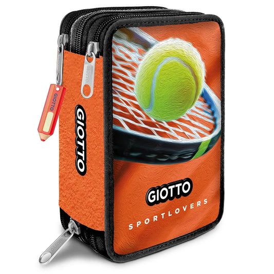 Astuccio tre zip Giotto Sportlovers Tennis arancione con grafica racchetta e pallina, tiretto a forma di matita