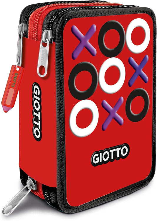 Astuccio 3 zip Giotto Tris Red rosso con design in rilievo XO e ciondolo a forma di matita