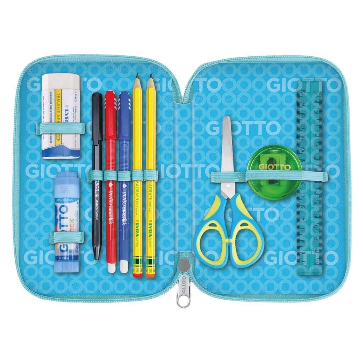 Scomparto accessori astuccio Giotto Unicorn con penne Cancellik, matite Lyra, colla Stick, forbici, righello e temperino