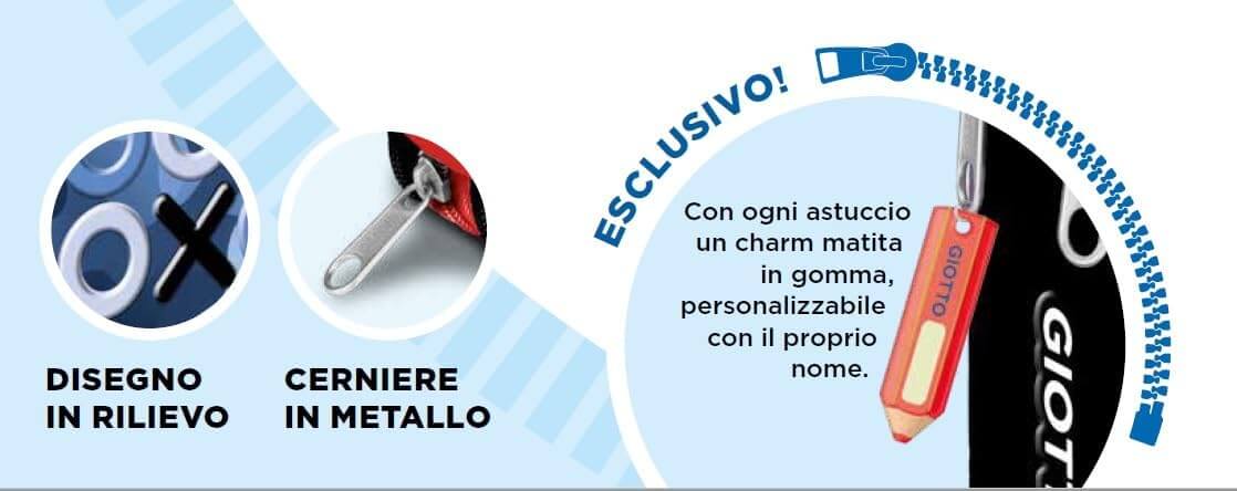 Particolare delle cerniere in metallo dell'astuccio Giotto e del charm matita in gomma personalizzabile