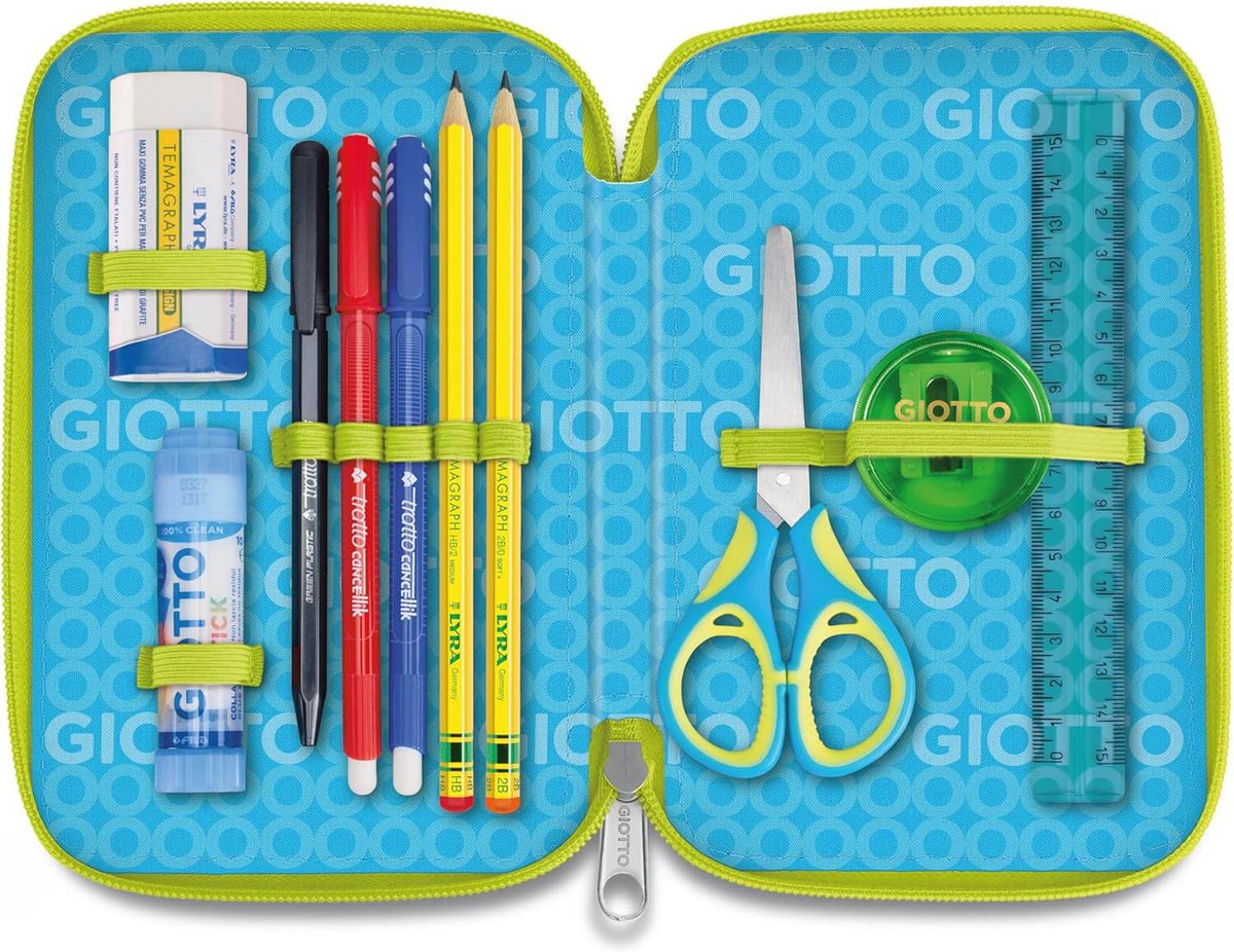 Primo scomparto astuccio Giotto Tris rosso aperto con forbici, colla stick, righello e penne Tratto