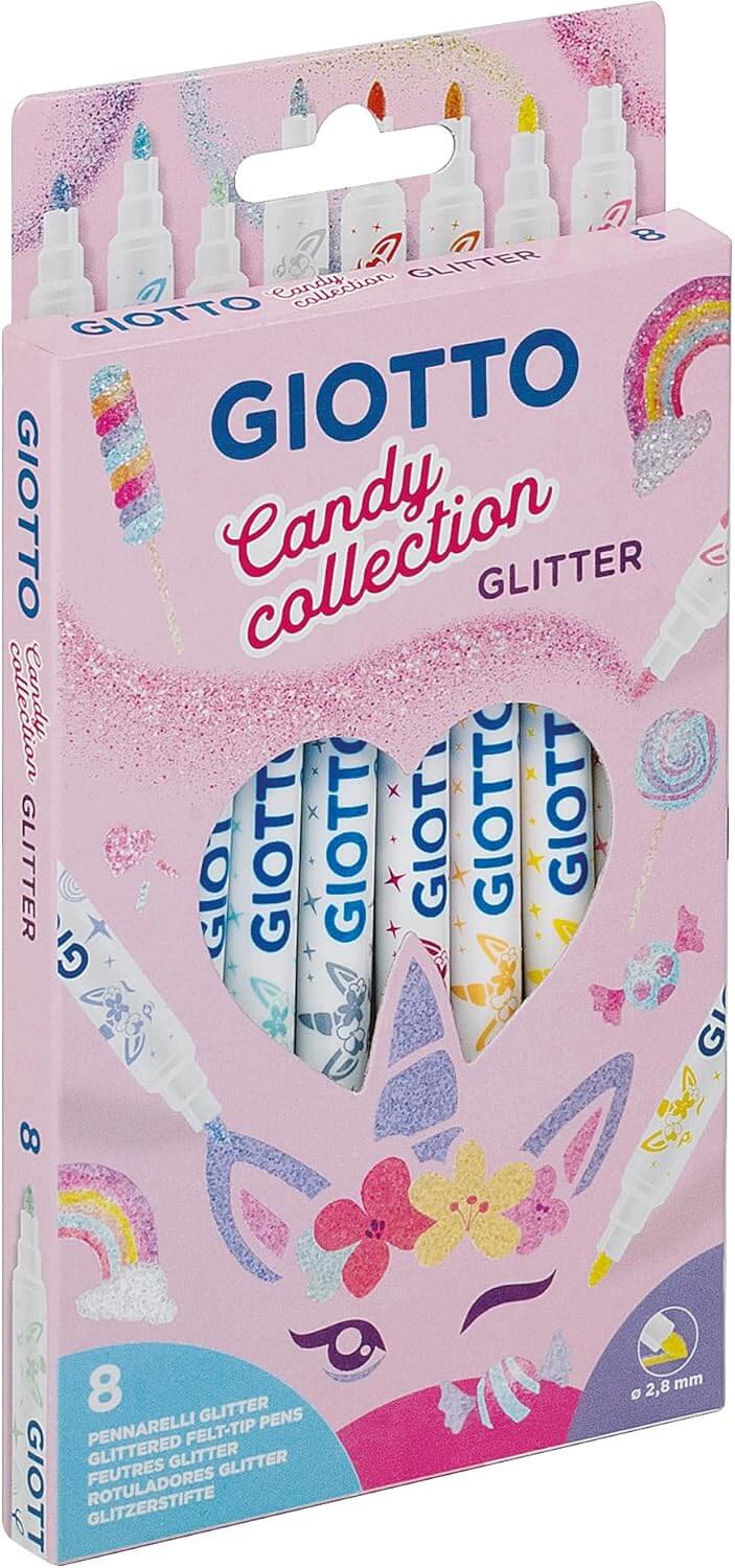 Dettaglio laterale della scatola rosa di pennarelli glitterati Giotto Candy per scuola e disegno