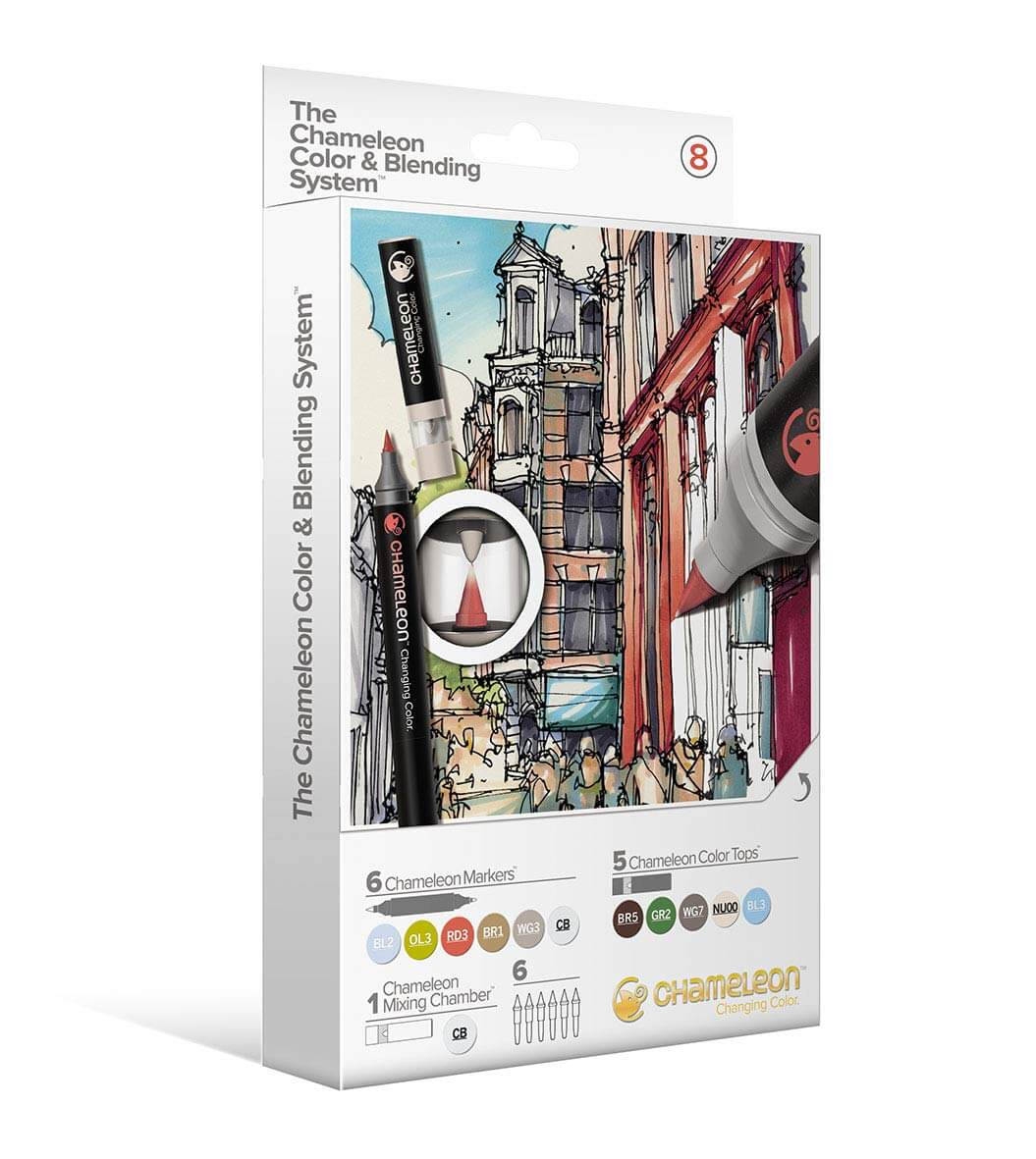 Scatola Chameleon Color & Blending System Set 8 con disegno di architettura urbana.