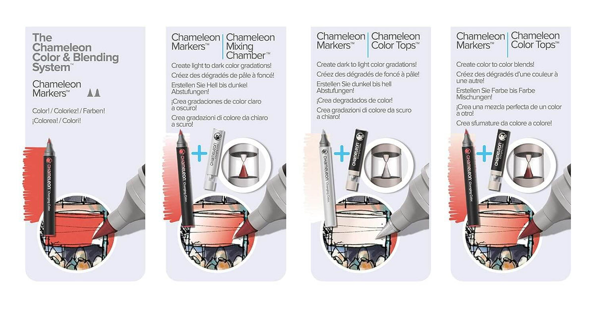 Guida al funzionamento dei marker ad alcool Chameleon Color & Blending System per sfumature chiare e scure.