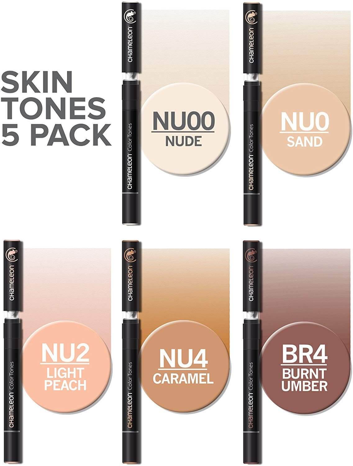 Tabella colori set Chameleon Skin Tones con codici NU00 NU0 NU2 NU4 BR4 e sfumature per toni pelle