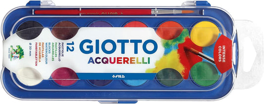Scatola di acquerelli Giotto 12 colori Intense Colors con coperchio trasparente e dettagli tecnici