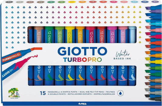 Vista frontale della confezione chiusa di pennarelli Giotto Turbo Pro 15 pezzi per disegno e lettering