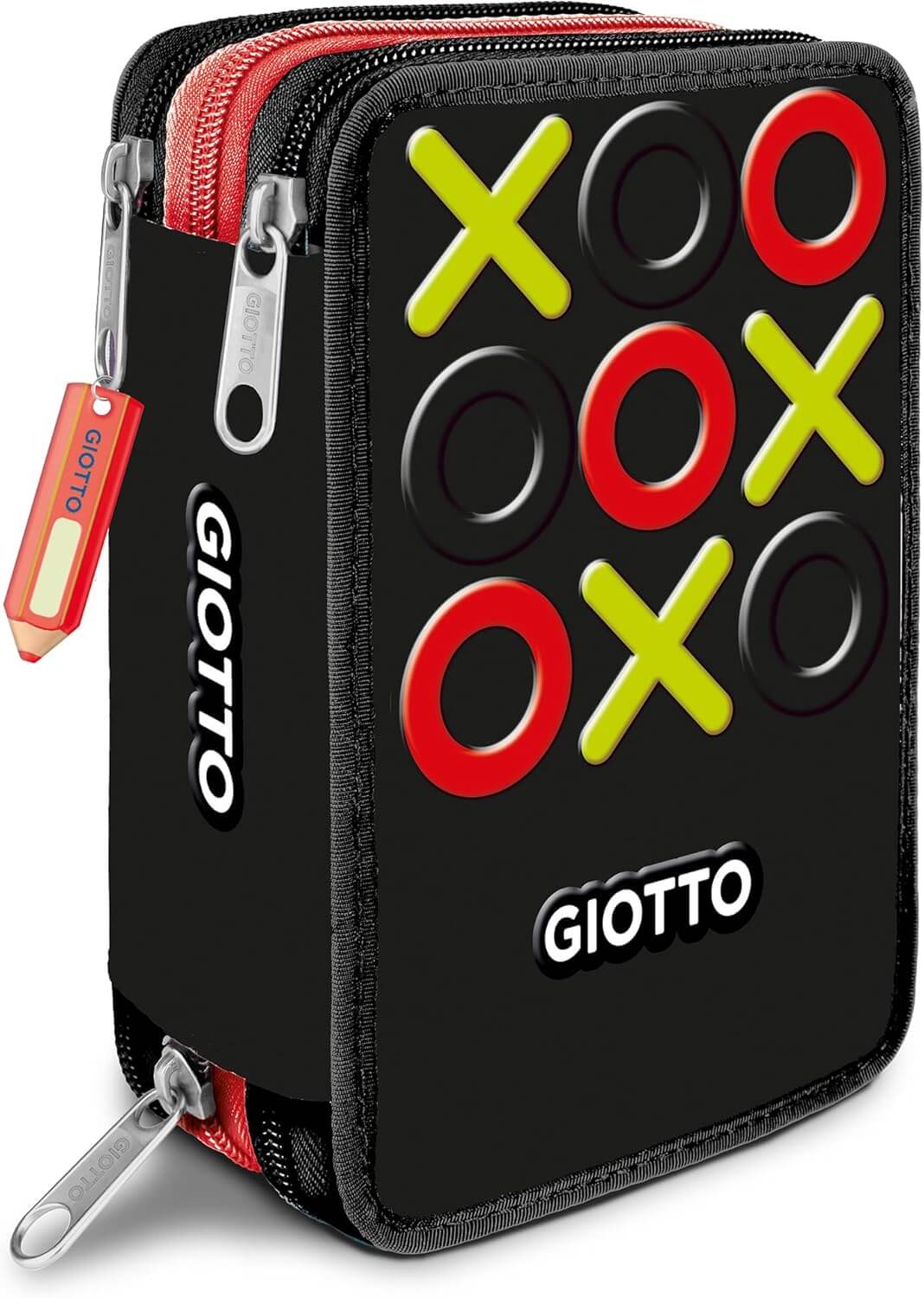 Astuccio scuola Giotto a 3 zip tris nero con disegno a rilievo colorato e charm a forma di matita