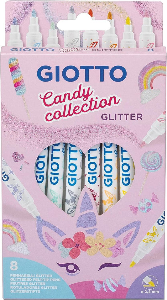 Scatola da 8 pennarelli glitter Giotto Candy Collection rosa con finestra a cuore e grafica unicorno