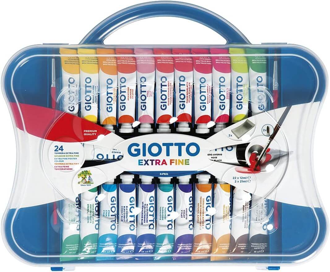 Valigetta trasparente con 24 tubetti di tempera extra fine Giotto e pennelli inclusi per la scuola