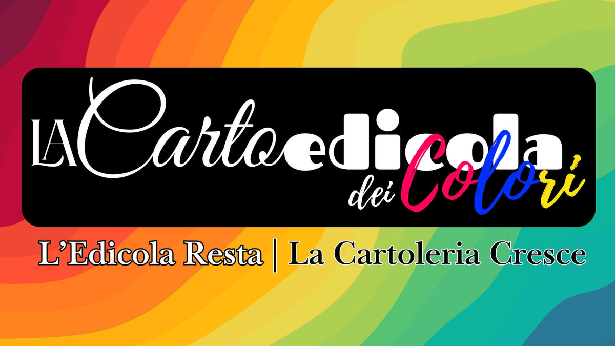 Banner di La Cartoedicola dei Colori con slogan 'L'Edicola Resta | La Cartoleria Cresce' su sfondo arcobaleno: articoli scuola, gadget, idee regalo e servizi di stampa, fotocopie e copertine Colibrì.