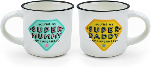 Coppia di tazzine da caffè espresso Legami in porcellana con scritte You're my Super Mummy e Super Daddy