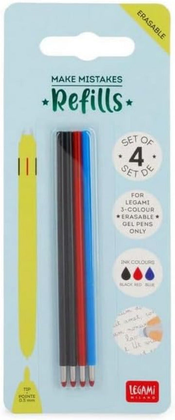 Blister di ricariche Legami Milano con 4 refill inchiostro nero rosso e blu per penna cancellabile a 3 colori