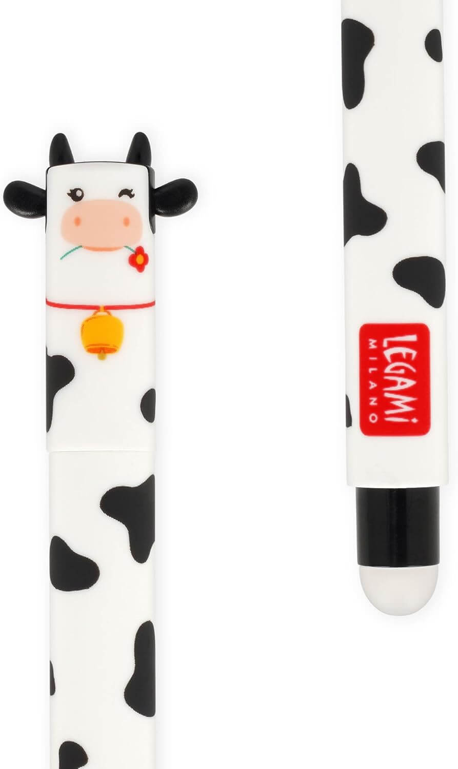 Dettaglio del tappo a forma di mucca della penna cancellabile Legami a macchie con gomma nera