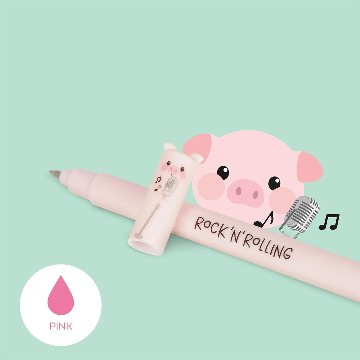 Penna gel cancellabile rosa Legami aperta con scritta Rock n Rolling e grafica maialino
