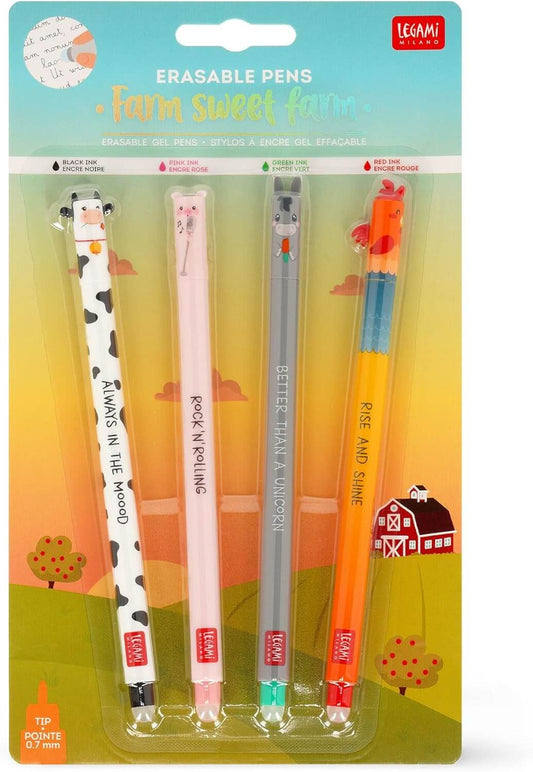 Confezione originale del set 4 penne gel cancellabili Legami Farm Sweet Farm con punta da 0,7 mm
