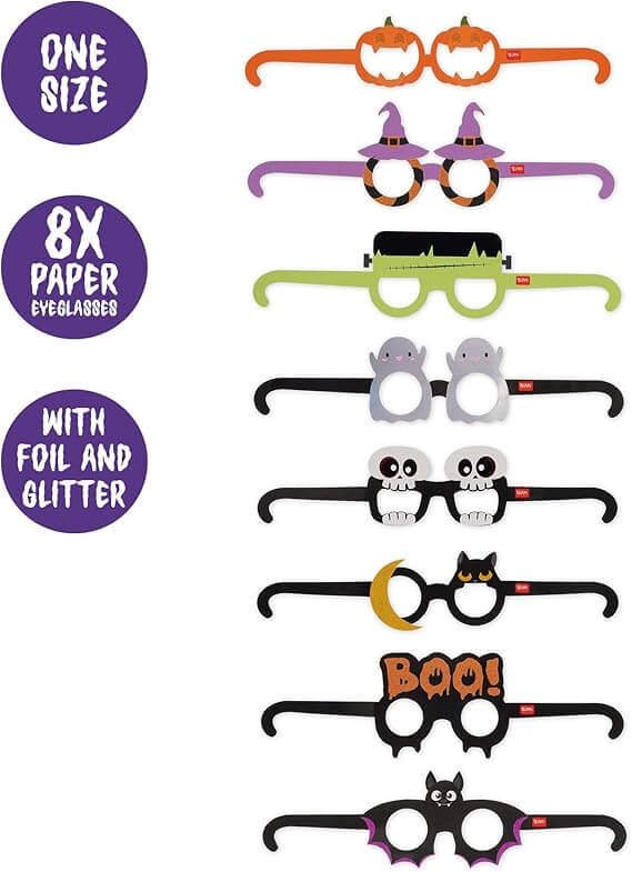 Infografica degli 8 occhiali di carta Legami Milano per Halloween con dettagli su taglia unica e glitter