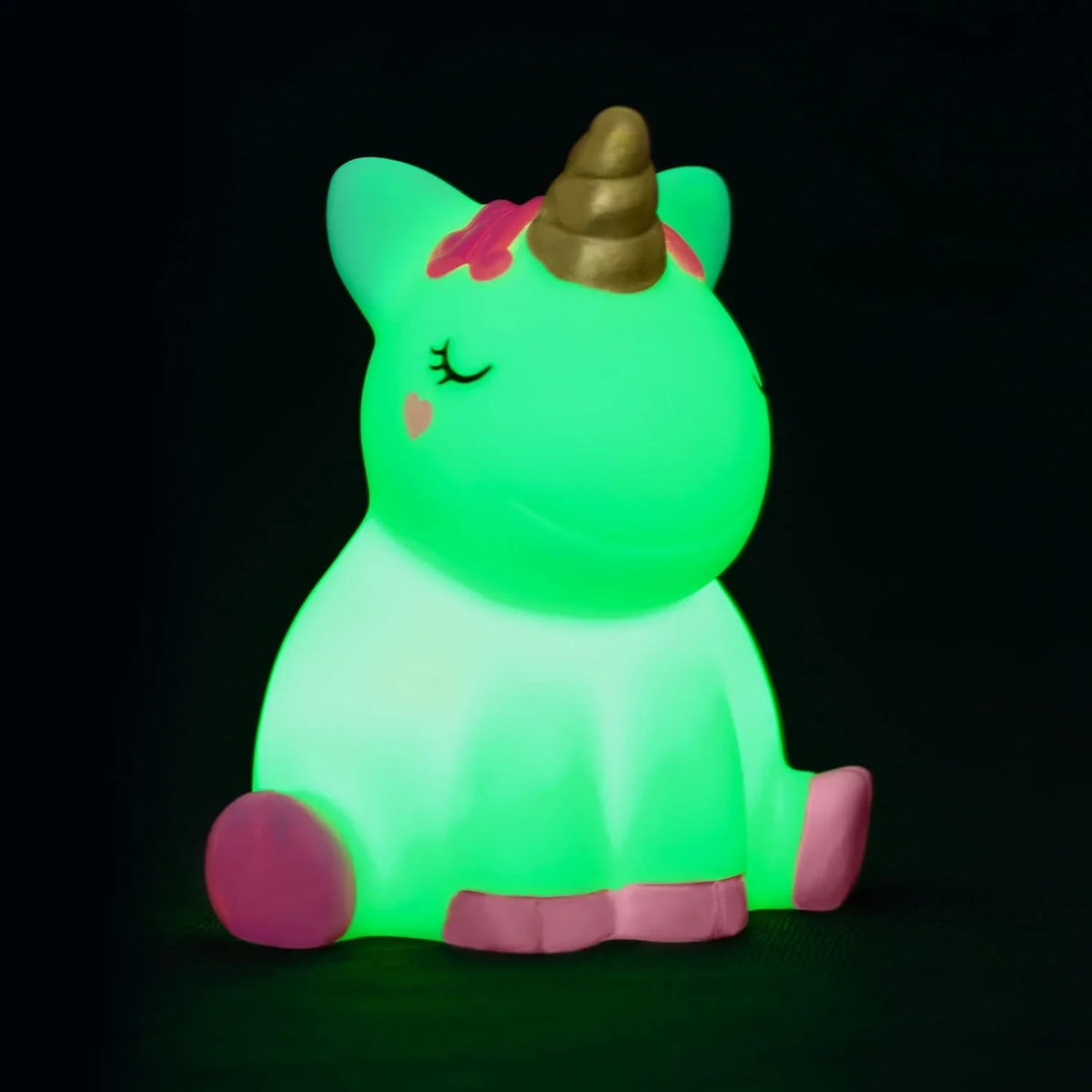 Luce notturna per bambini unicorno Sweet Dreams illuminata in verde