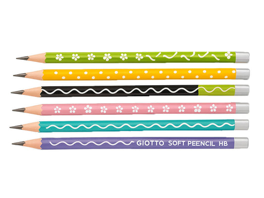 Set di 6 matite in grafite Giotto Soft Pencil HB decorate in vari colori con gommino integrato per cancellare