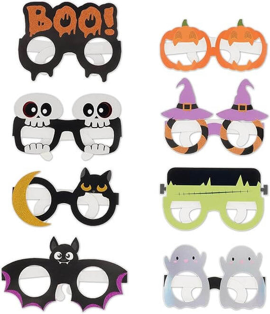 Gli otto occhiali a tema Halloween Legami tra cui zucca, fantasma, pipistrello, scheletro e scritta Boo