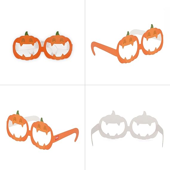 Quattro inquadrature prospettiche del modello di occhiali a forma di zucca arancione Legami Milano