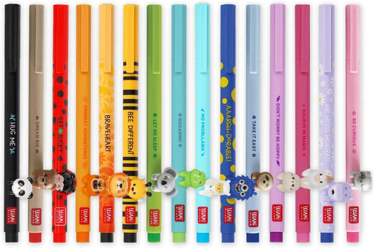 Set di penne gel cancellabili Legami Lovely Friends colorate con gommino 3D a forma di animaletto e varie scritte