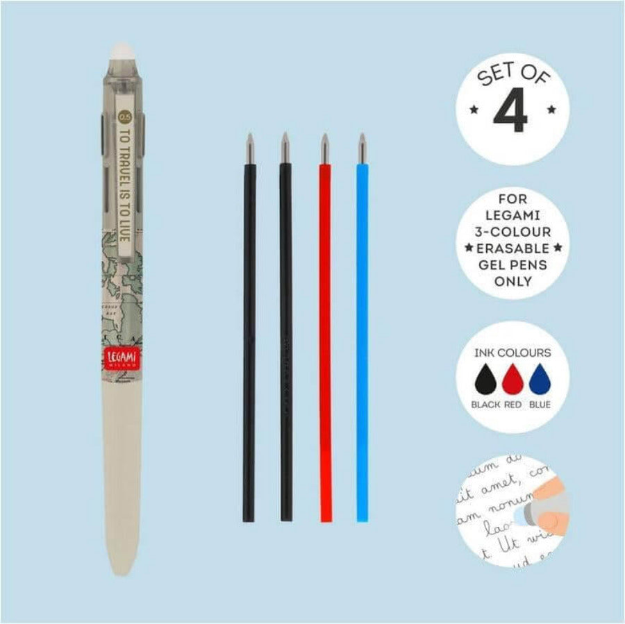 Infografica del set di 4 ricariche nero rosso blu accanto alla penna gel cancellabile 3 colori Legami Milano