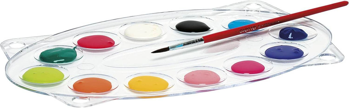 Tavolozza in plastica trasparente con diverse tonalità di tempera e un pennello Giotto appoggiato