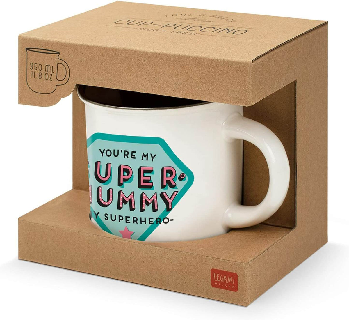 Scatola regalo in cartone avana della tazza Cup Puccino Legami da 350 ml tema Super Mamma