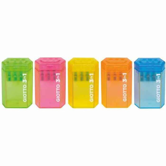 Cinque temperini Giotto 3in1 con contenitore nei colori verde, rosa, giallo, arancione e blu semitrasparente