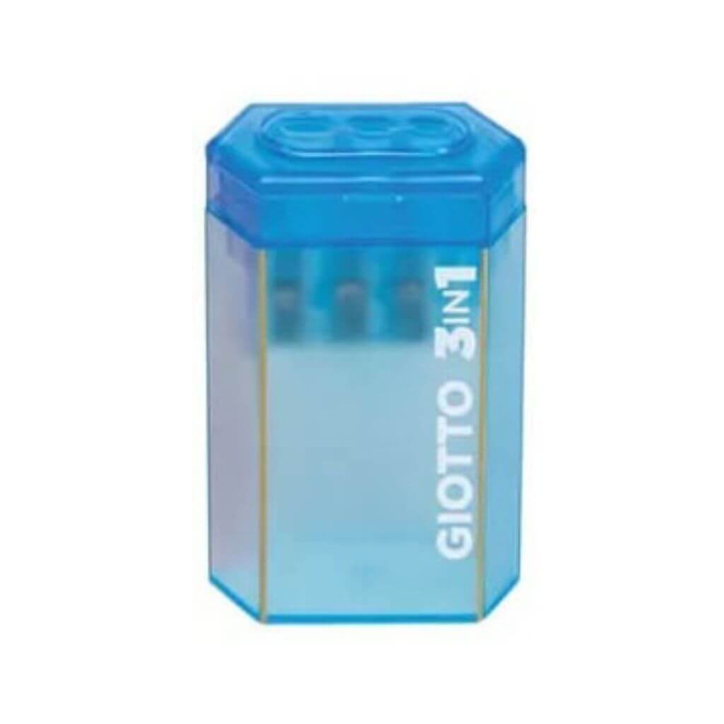 Temperamatite Giotto 3 in 1 blu trasparente con serbatoio e clip per zaino, ideale per la scuola