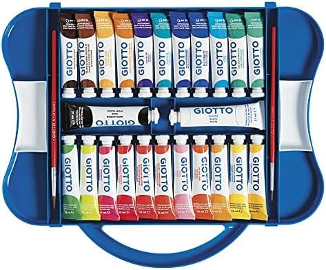 Interno della valigetta blu Giotto con 24 tubetti ordinati di pittura a tempera e due pennelli Fila