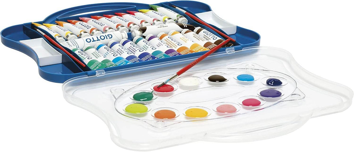 Set tempere Giotto da 24 pezzi con coperchio usato come tavolozza estraibile e colori miscelati
